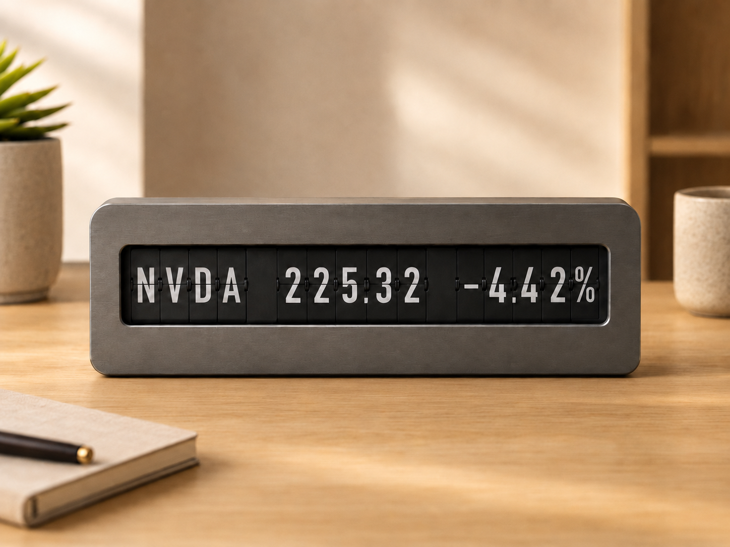 Tick. mechanical stock ticker with brushed metal body and warm wooden base on a walnut desk, split-flap display showing TSLA 412.50